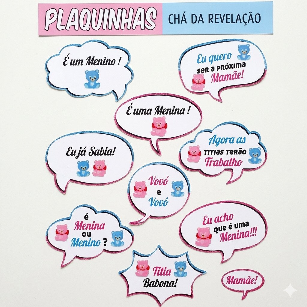 plaquinhas chá revelação menino ou menina kit 10 unidades frases divertidas decoração festa bebê