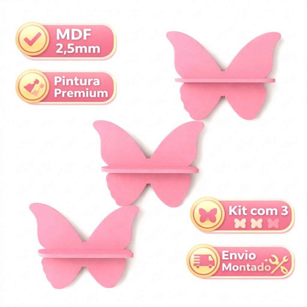 prateleira infantil borboleta mdf rosa kit 3 decoração quarto bebê