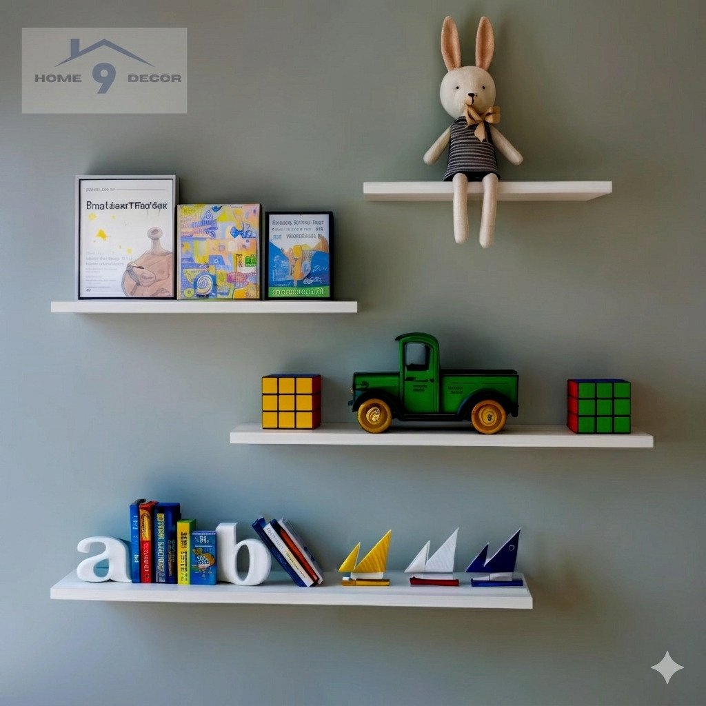 Prateleiras brancas para quarto de bebê organizadas com brinquedos e livros decoração infantil moderna