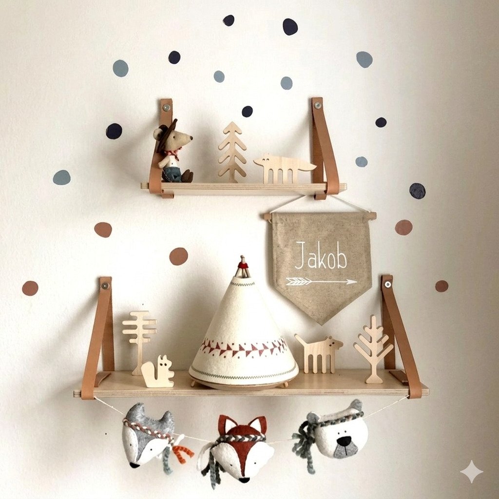 prateleiras infantil montessori pinus com alça de couro decoração quarto bebê