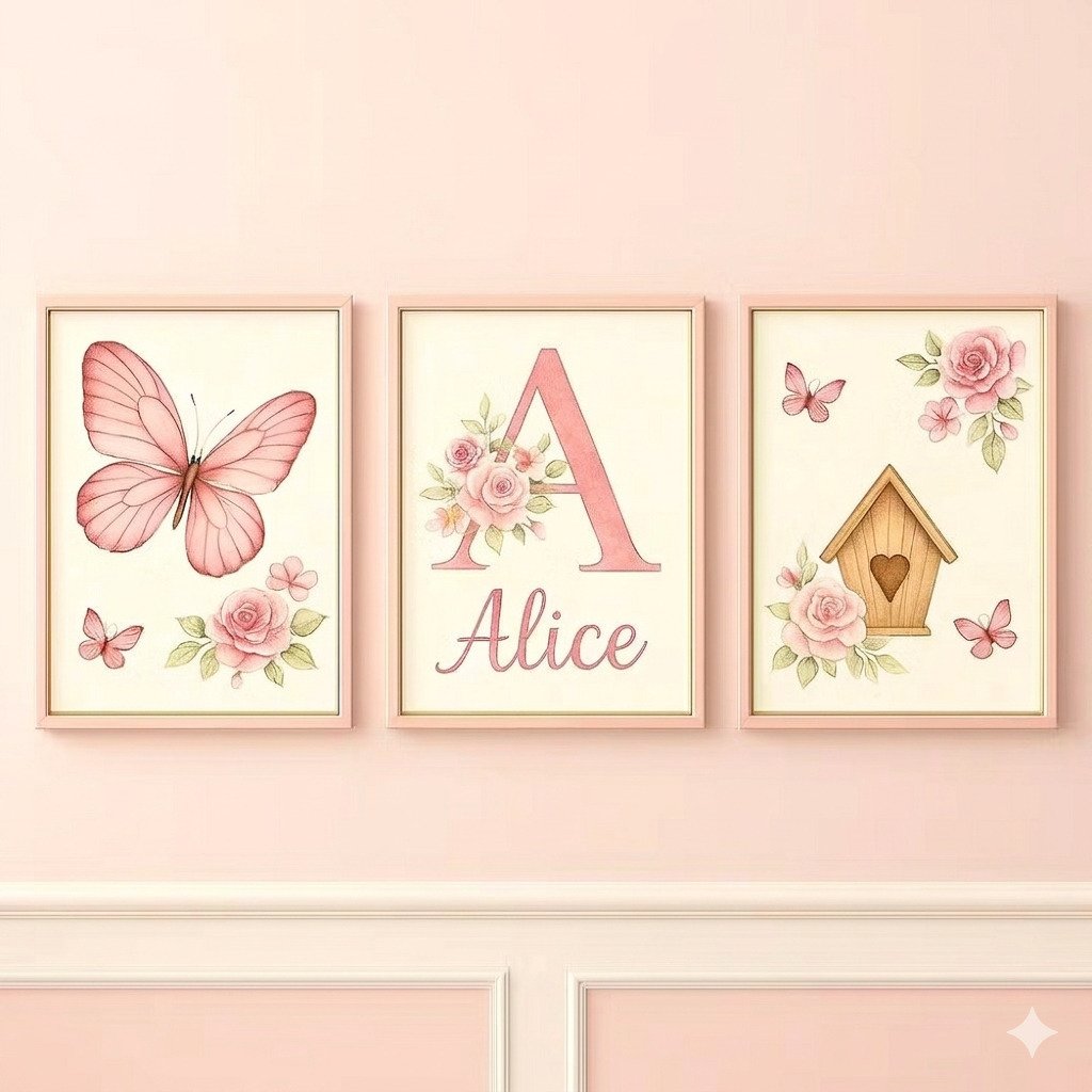 quadros decorativos 3 peças borboleta personalizado com nome alice quarto bebê menina rosa decoração infantil