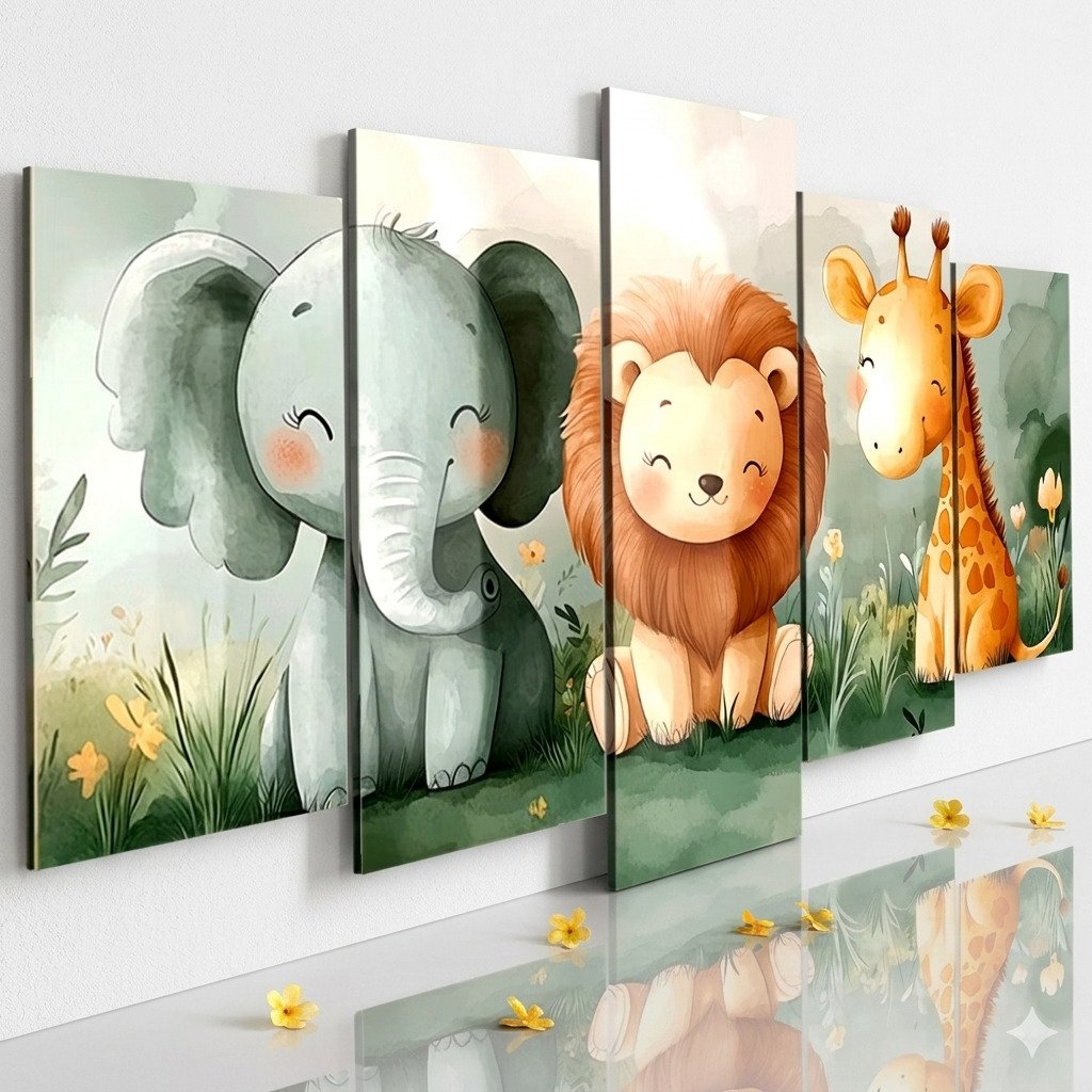 quadros decorativos quarto de bebê safari 5 peças elefante leão girafa decoração infantil