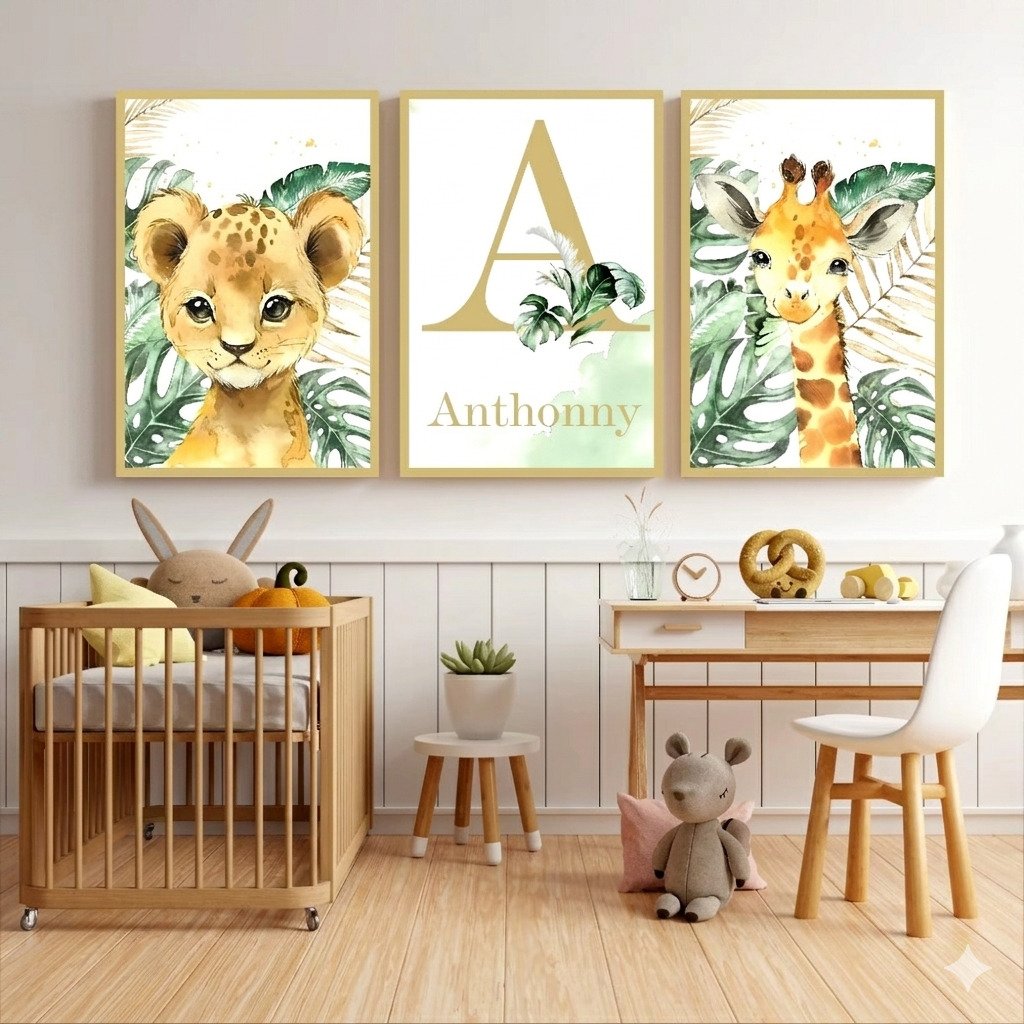 Quadros decorativos safari personalizado com nome do bebê kit 3 peças leão girafa quarto infantil