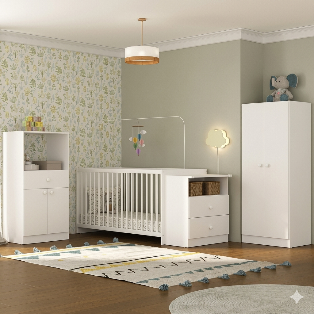 quarto de bebê completo branco com berço cômoda armário colchão incluso multimóveis olivia