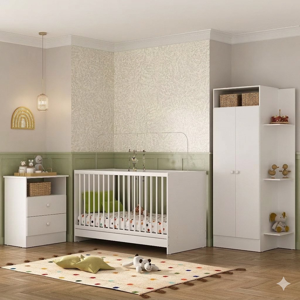 quarto de bebê completo trevalla 3 peças com berço cômoda e guarda roupa branco moderno