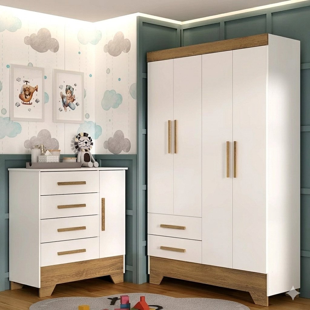 quarto de bebê completo com guarda roupa 4 portas e cômoda branca moderna infantil