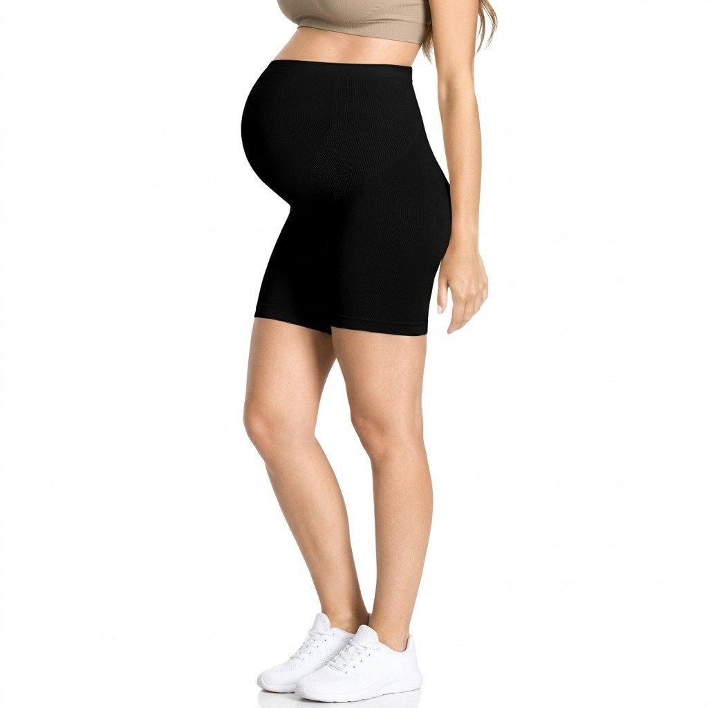 Short gestante modelador preto com suporte para barriga durante a gravidez