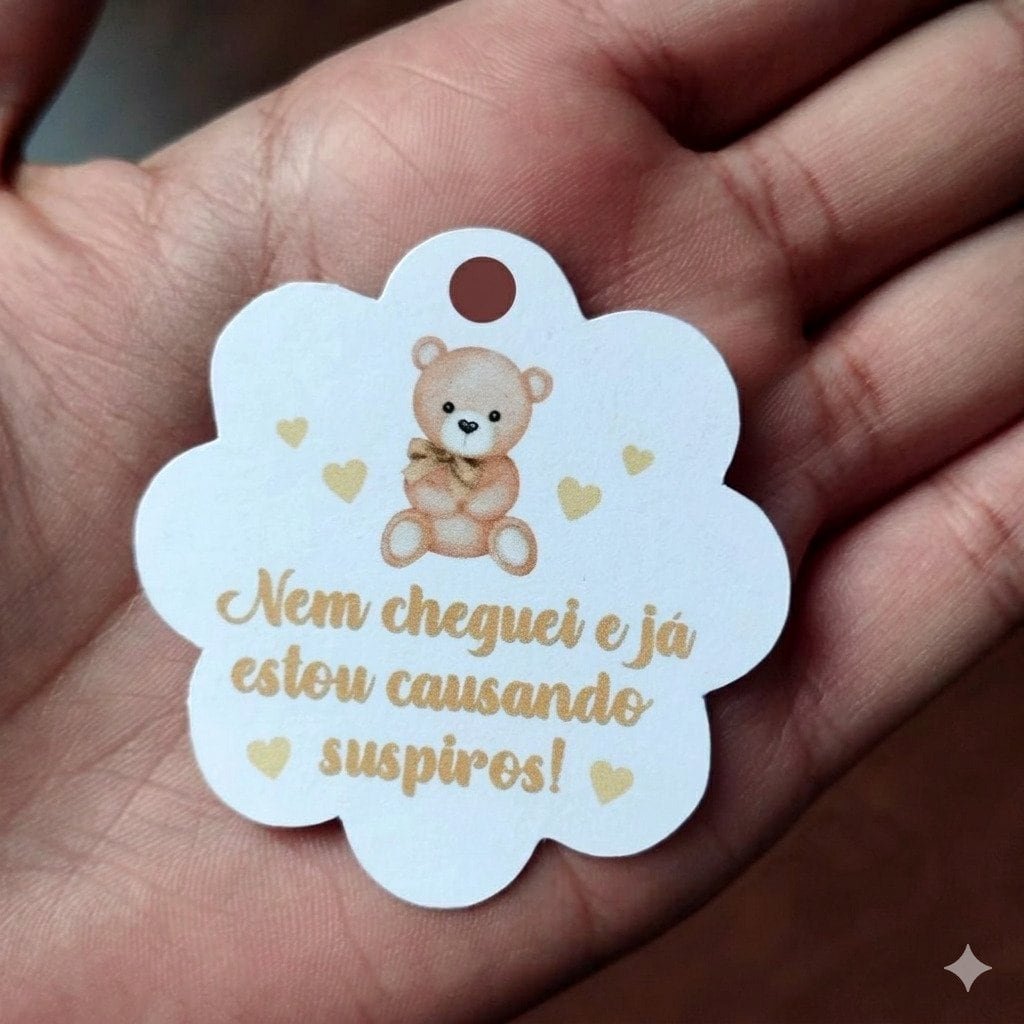 Tag personalizada para lembrancinha de chá de bebê com tema ursinho delicado e frase decorativa