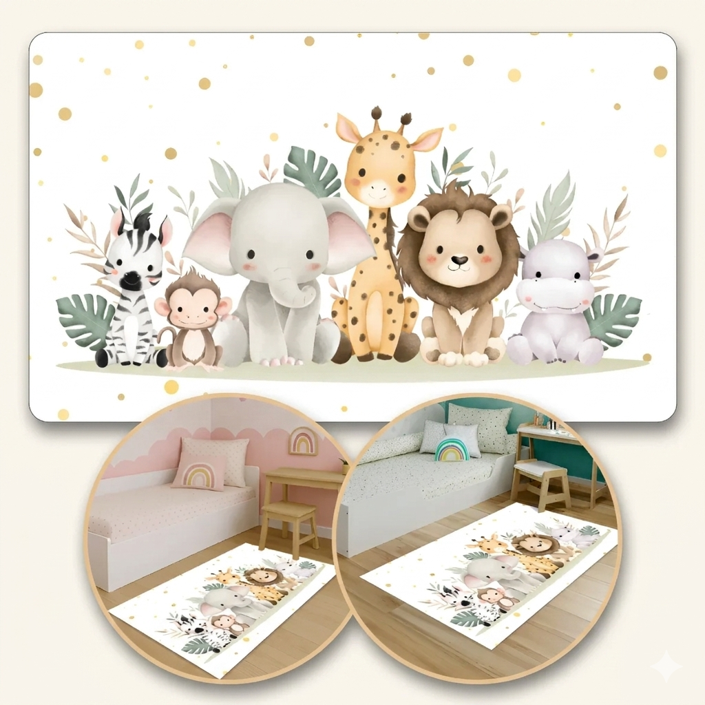 tapete infantil safari verde antiderrapante quarto bebe com animais leão girafa elefante decoração moderna