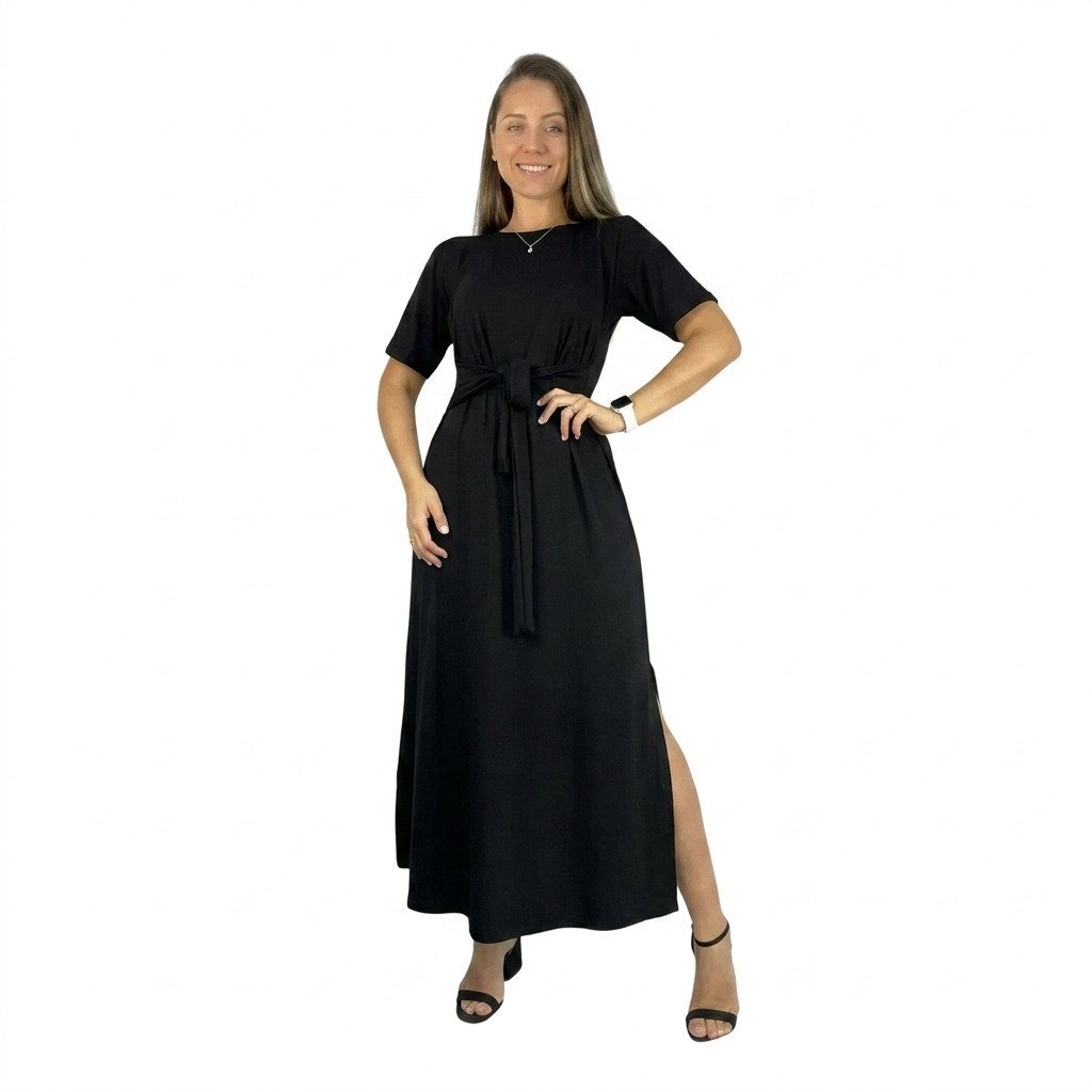 vestido longo amamentação preto elegante gestante pós parto confortável com faixa