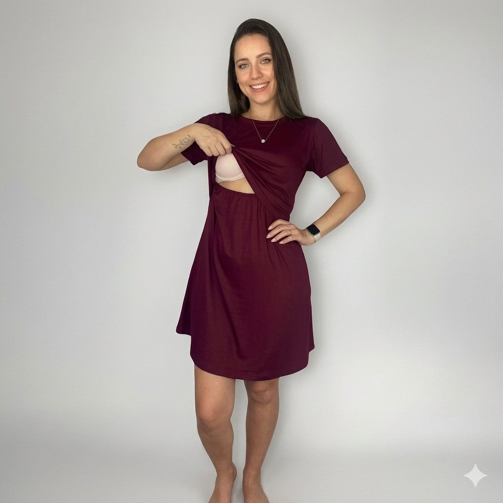 Vestido amamentação vinho com abertura lateral discreta para amamentar com conforto e praticidade no pós-parto