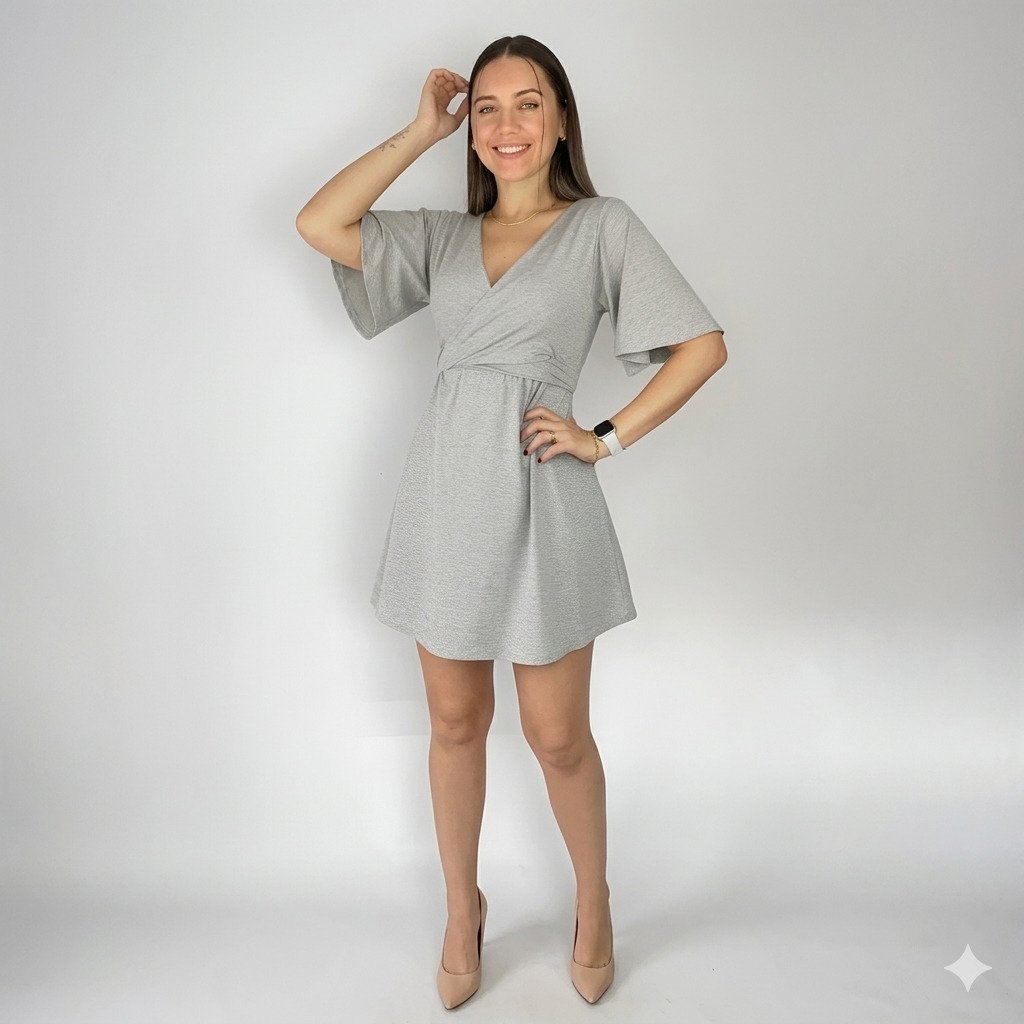 Vestido curto gestante cinza transpassado para amamentação confortável e elegante 4 em 1