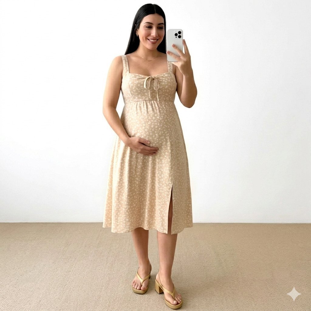 Vestido gestante midi floral bege com amarração no busto e fenda lateral, modelo confortável para gravidez, ideal para gestantes no dia a dia