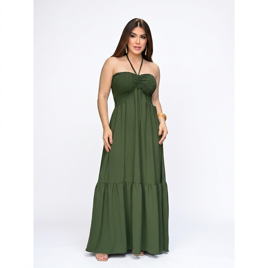 Vestido longo gestante verde com lastex no busto e saia fluida, modelo confortável e elegante ideal para gravidez e pós-parto