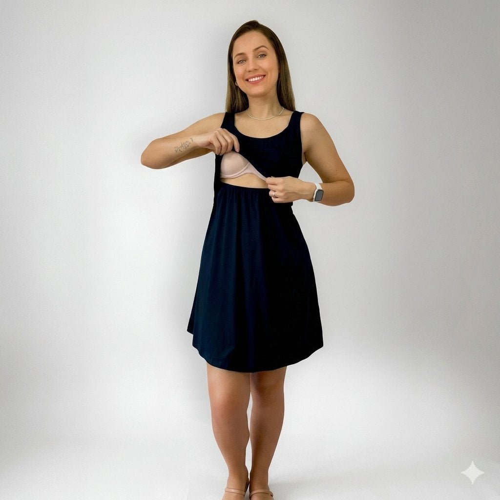 Vestido regata gestante preto com abertura para amamentação prática e discreta confortável para gravidez e pós-parto