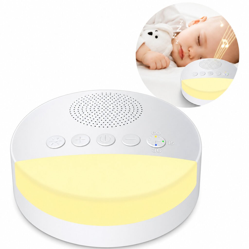 Aparelho de ruído branco para bebê com luz noturna suave para auxiliar no sono infantil.