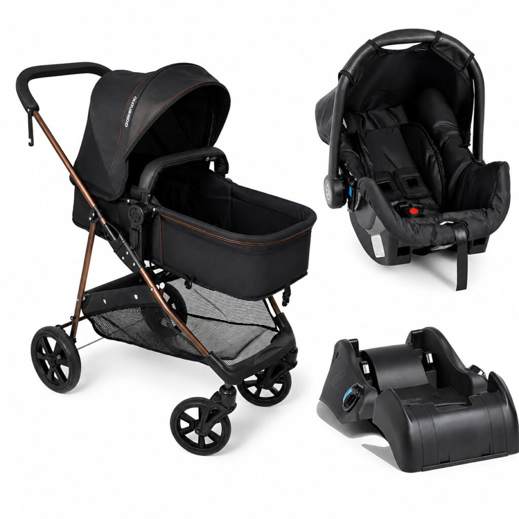 Carrinho de bebê Napoli preto com bebê conforto e base veicular