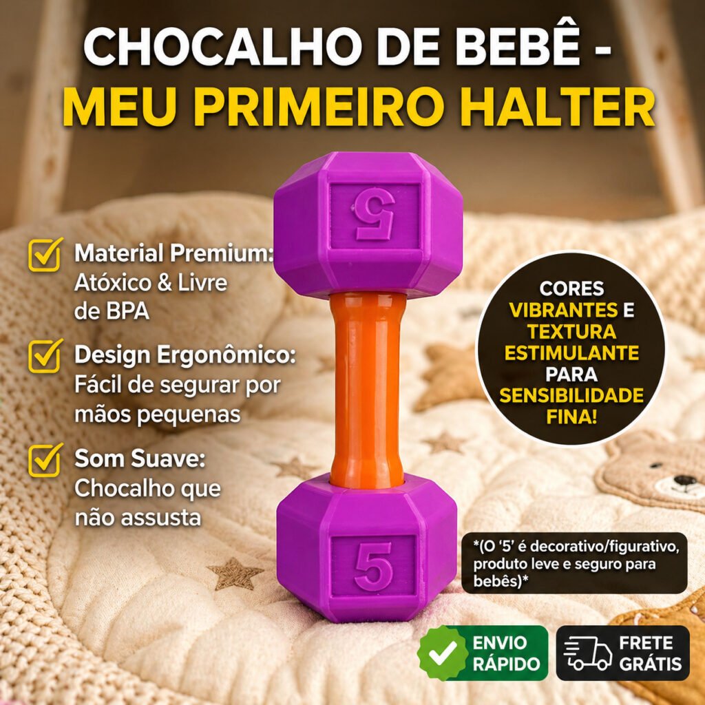 Chocalho de bebê formato halter colorido com textura sensorial