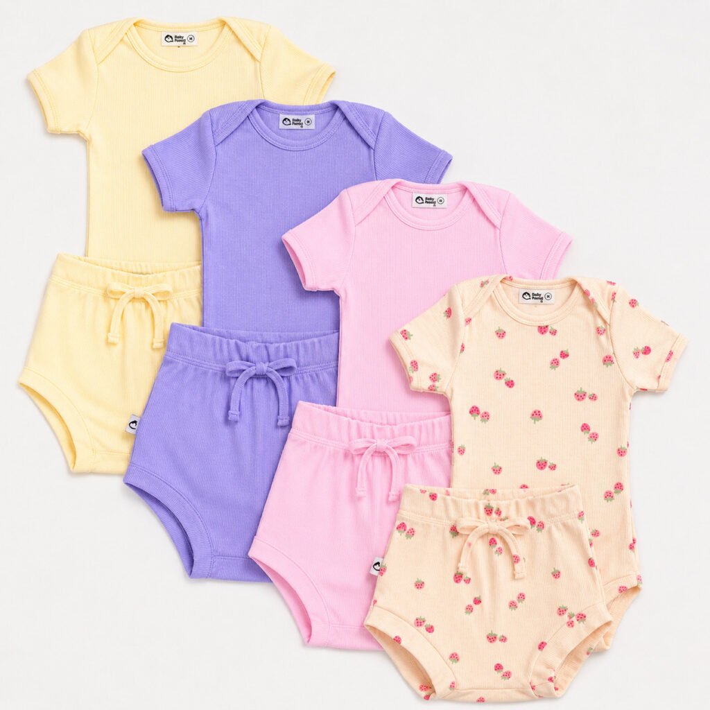 Conjunto bebê canelado body manga curta e short confortável para enxoval