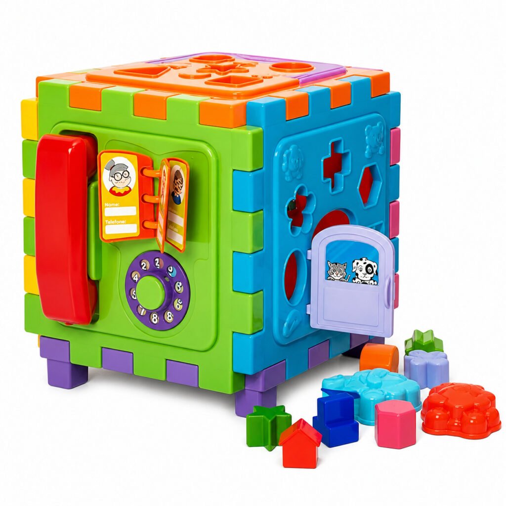 Cubo didático colorido com formas para encaixar bebê educativo