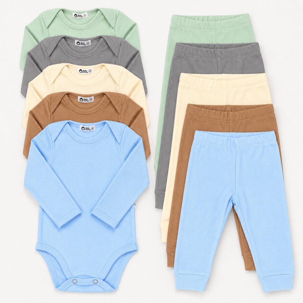 Kit 10 peças bebê com body manga longa e calça canelada colorida