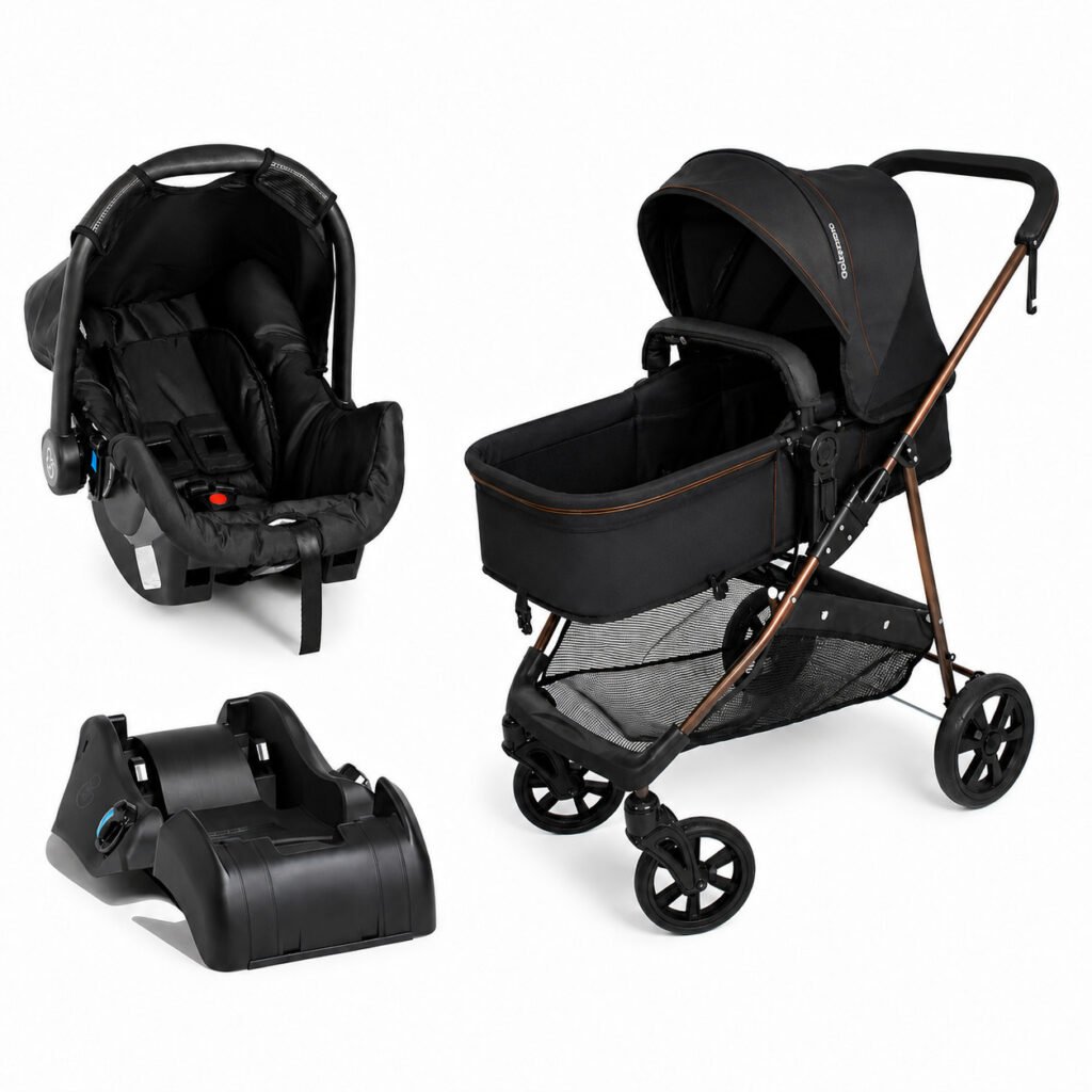Carrinho de bebê Napoli preto com bebê conforto e base veicular