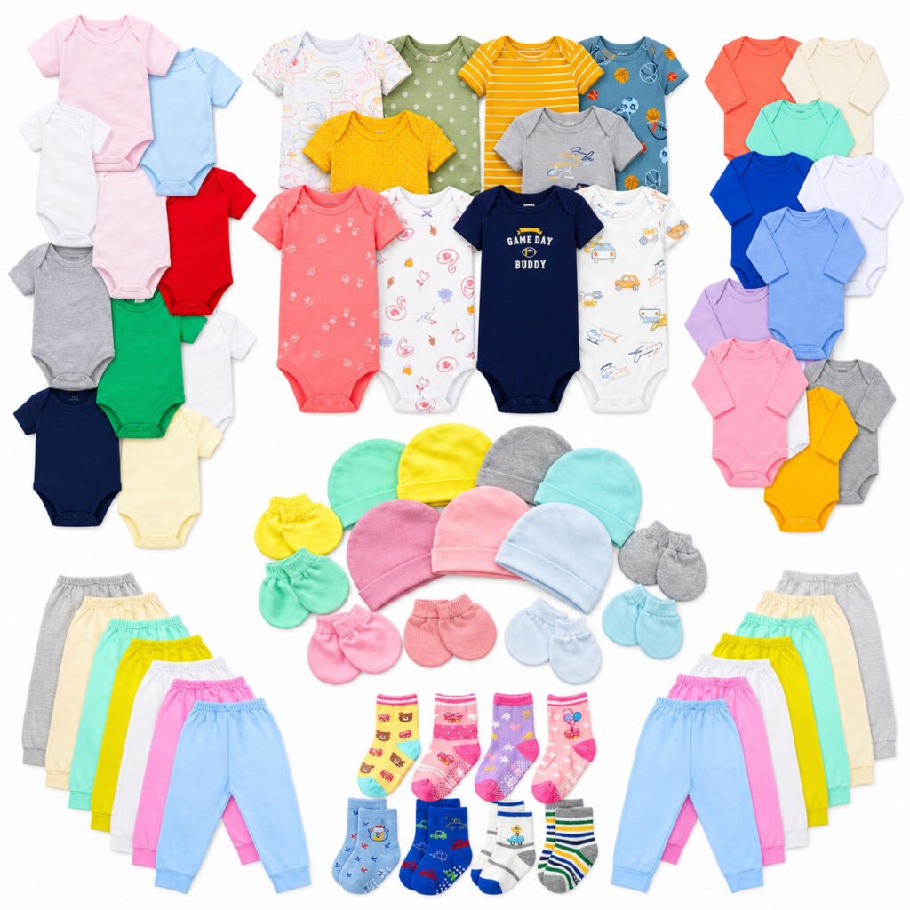 Kit enxoval bebê completo com 30 peças coloridas e acessórios infantis