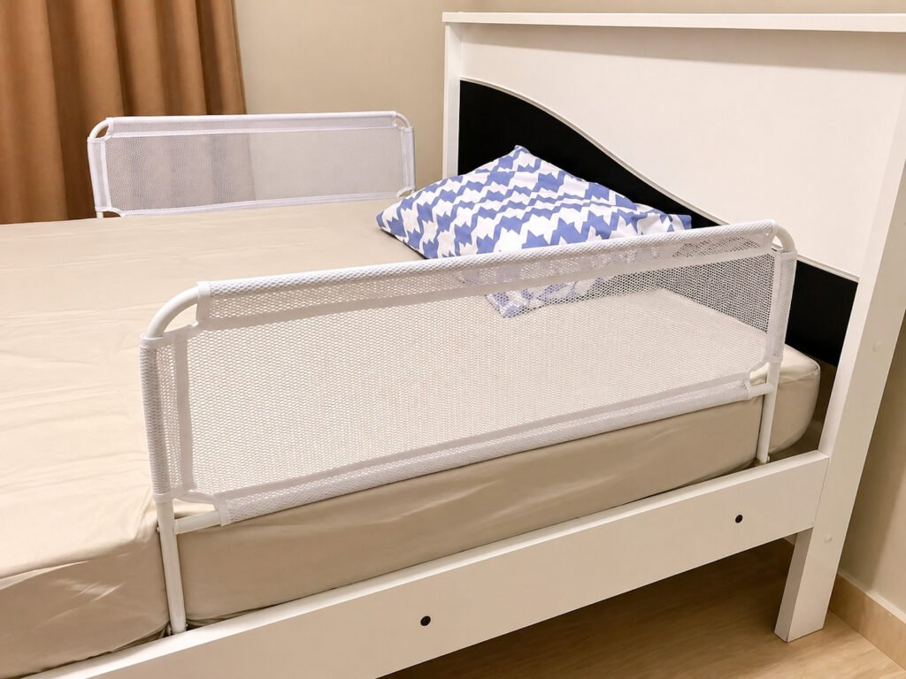 Kit com 2 grades de proteção infantil instaladas em cama box branca.