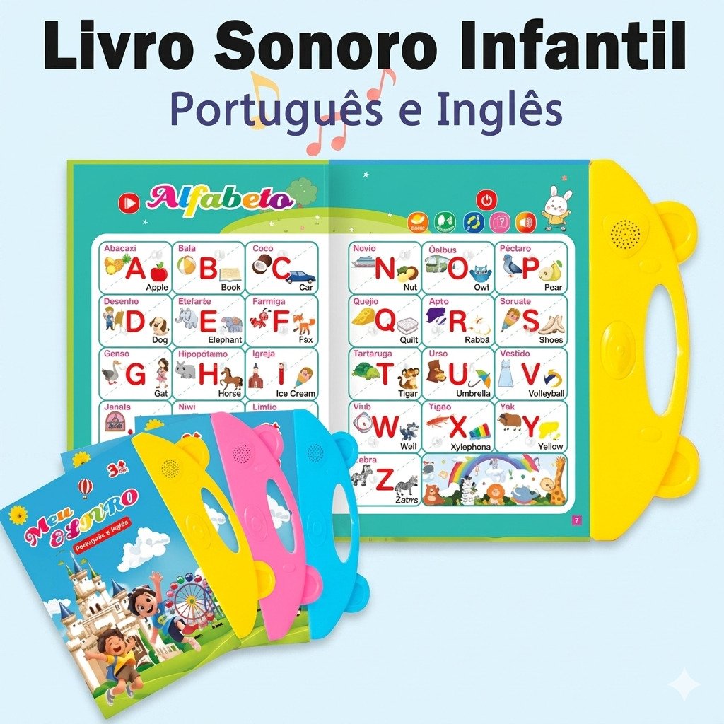 livro infantil bilíngue sonoro português inglês alfabeto educativo