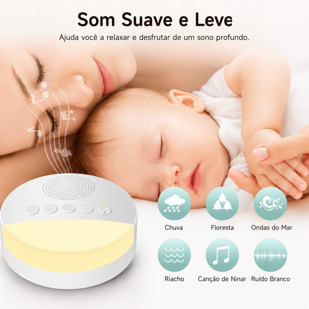 Máquina de som para bebês com ruído branco e iluminação relaxante para quarto infantil.