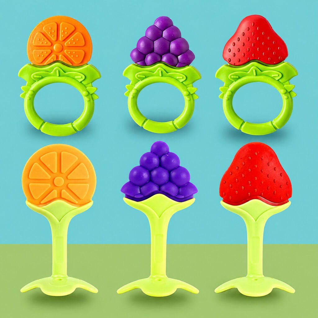 Mordedor sensorial de frutas coloridas para bebê dentição