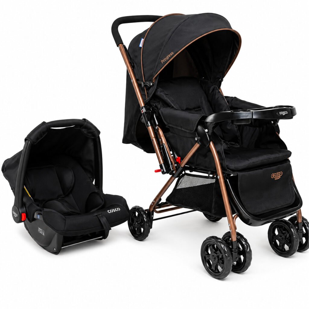 Carrinho de bebê Reverse DUO Cosco Kids preto bronze com bebê conforto