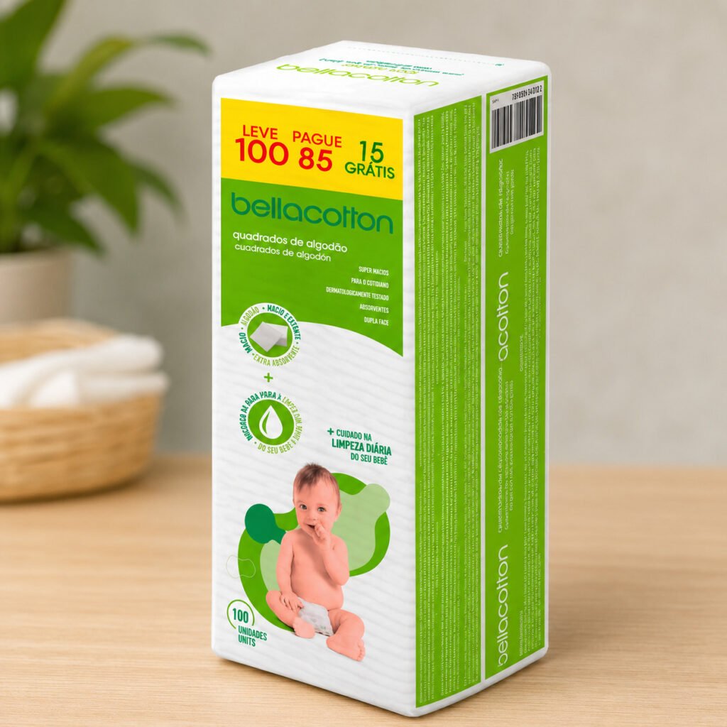 Algodão Quadrado Bellacotton 100 unidades para higiene e cuidados do bebê.