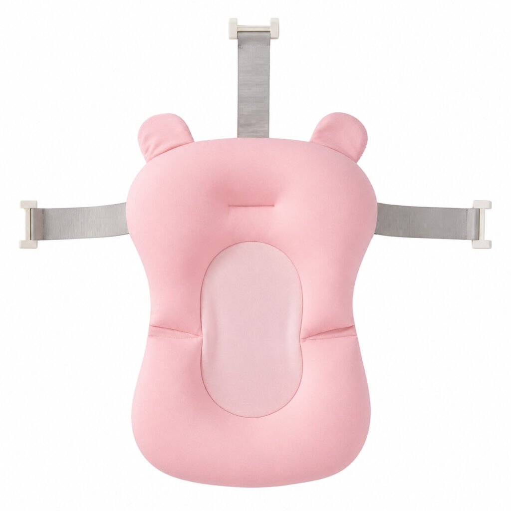 Suporte flutuante para banho de bebê com ajuste seguro e design anatômico.