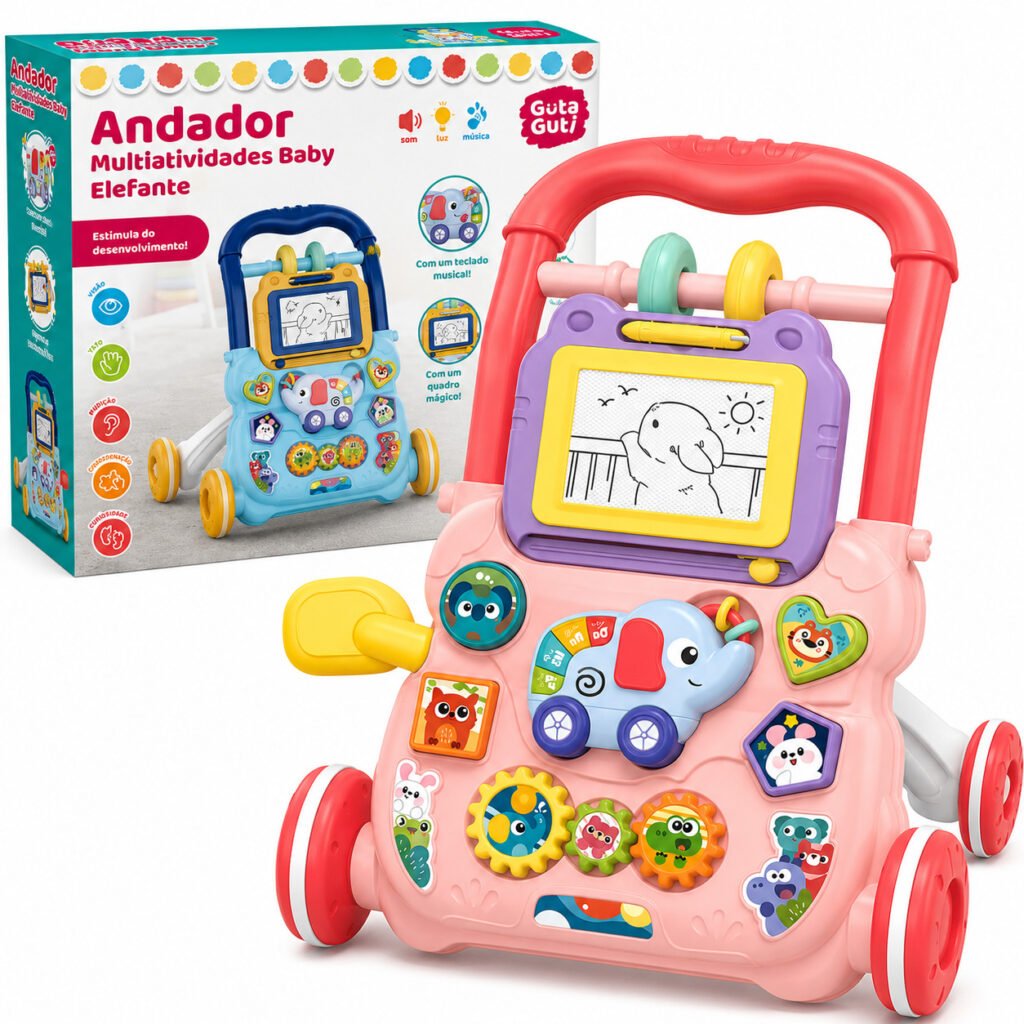 Andador didático infantil rosa com atividades educativas para bebê