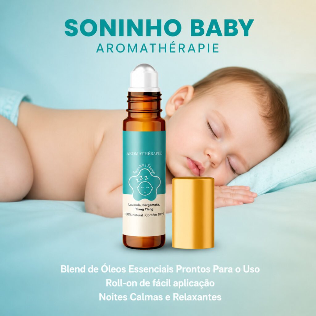 Blend de óleos essenciais Aromaterapia Soninho Bebê Natural para relaxamento e rotina do sono infantil.