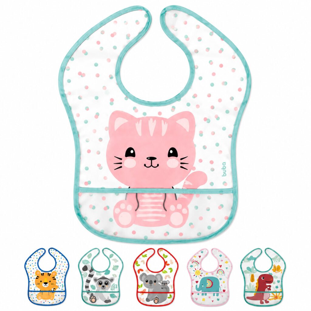 Babador infantil impermeável com bolso coletor de alimentos ideal para introdução alimentar.
