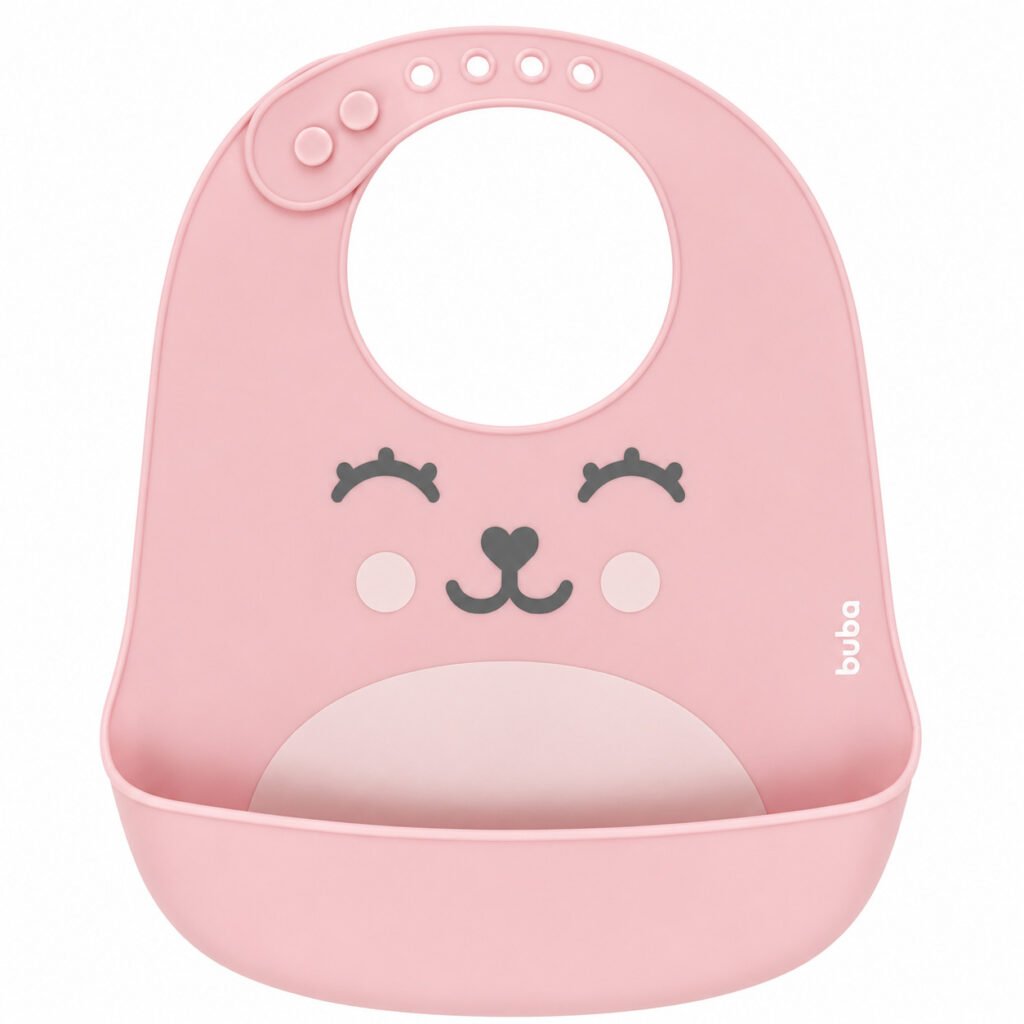 Babador infantil Gumy Buba em silicone macio com bolso coletor de alimentos.