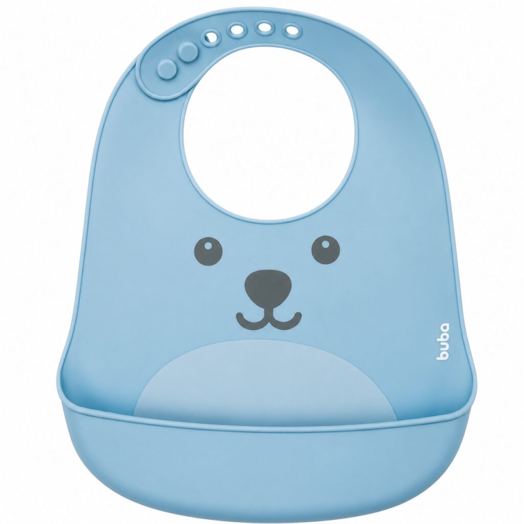 Babador de silicone com pega-migalhas Gumy Buba para alimentação do bebê.