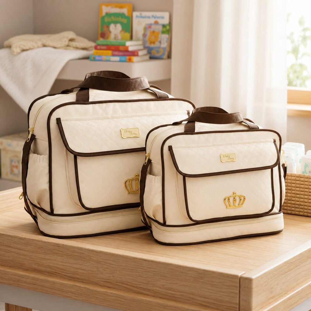 Bolsa maternidade completa com compartimentos organizadores para itens do bebê.