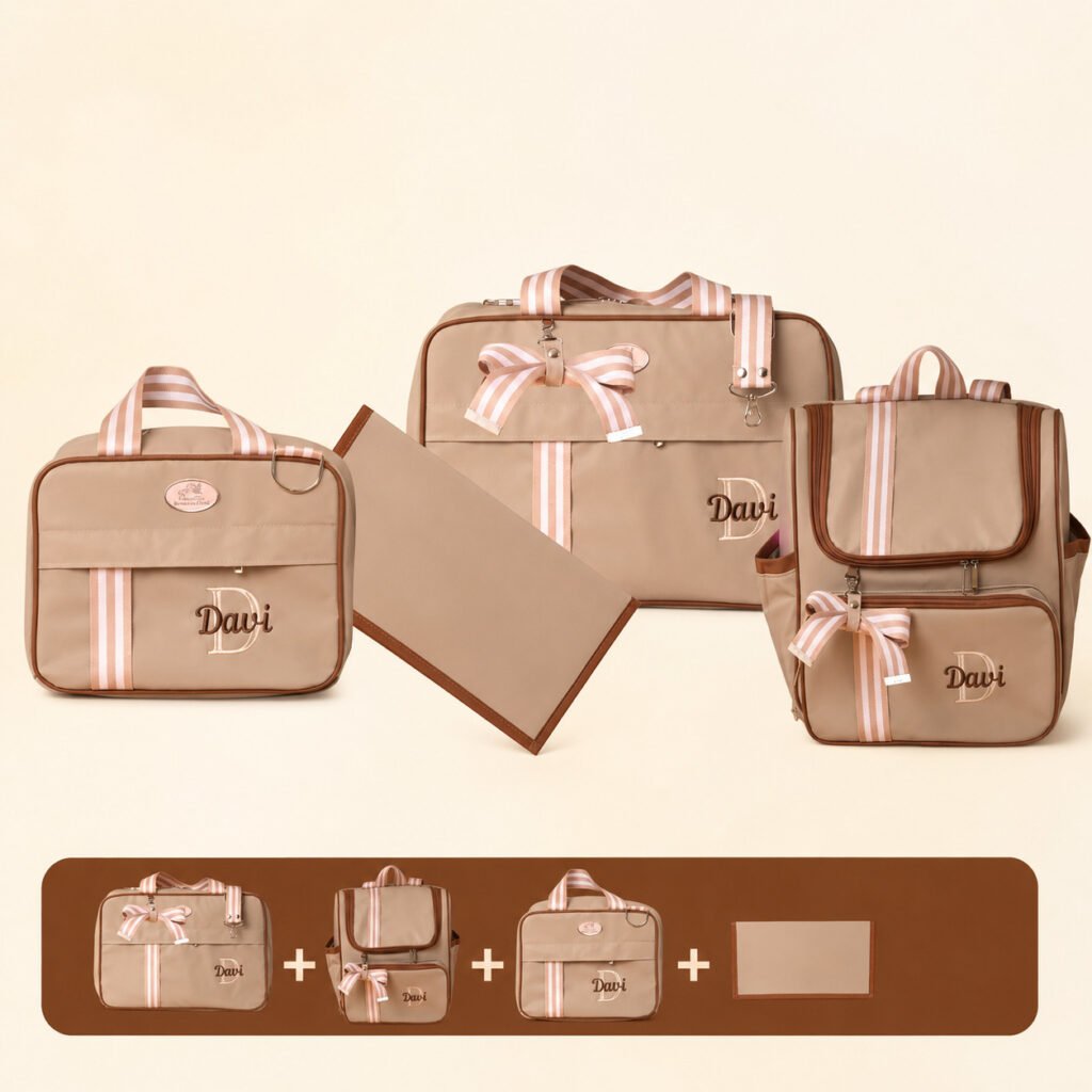 Bolsa maternidade personalizada com kit completo 4 peças para bebê e mamãe em material impermeável.