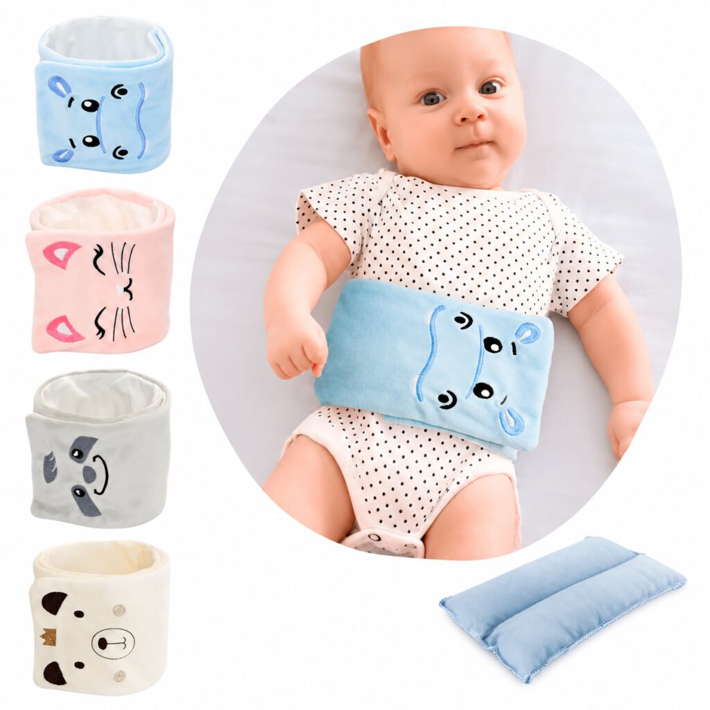 Bolsa térmica para cólica de bebê com faixa azul ajustável.