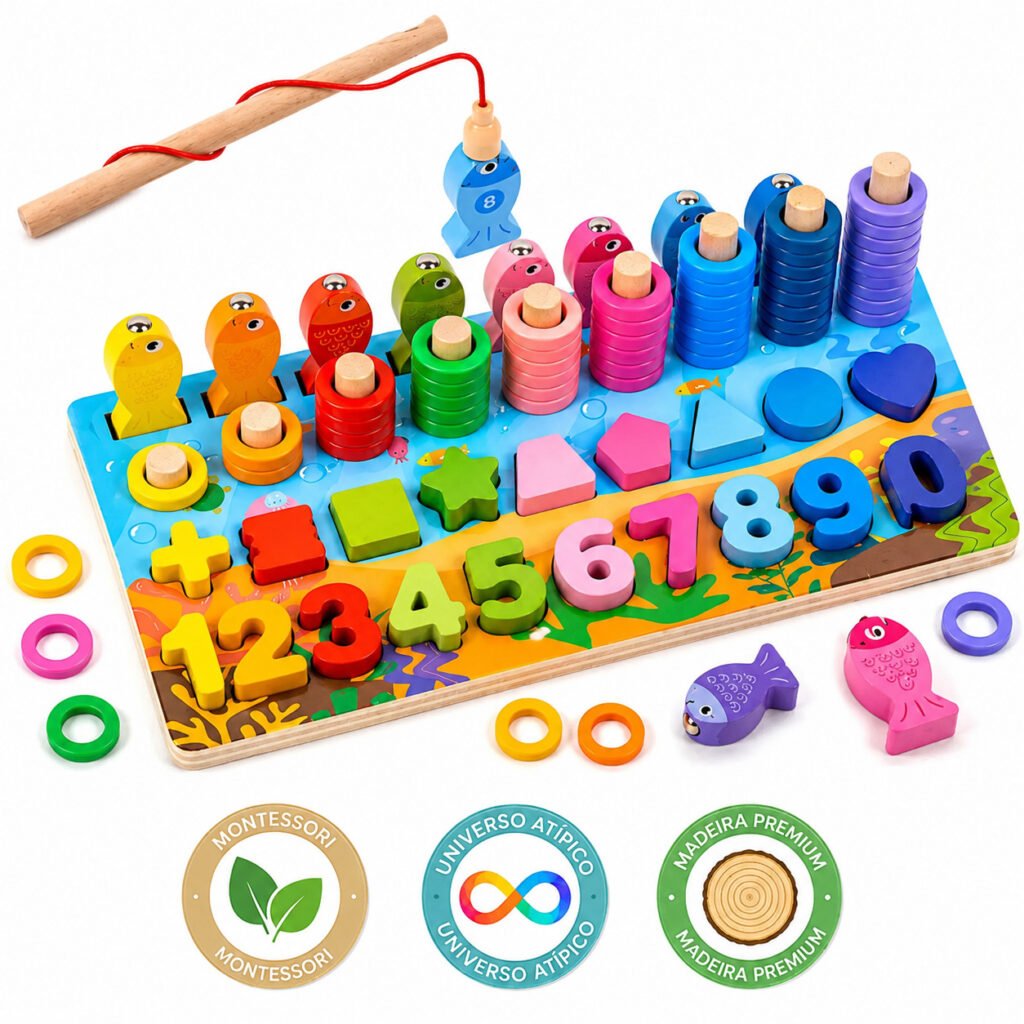 Brinquedo montessori educativo em madeira com números coloridos e pesca magnética infantil