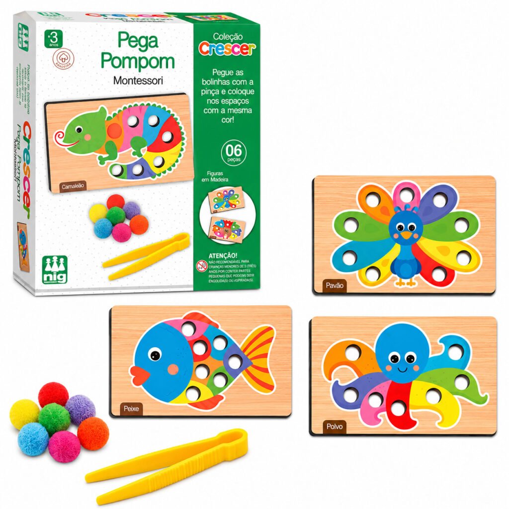 Brinquedo educativo pega pom pom montessori infantil com pinça colorida