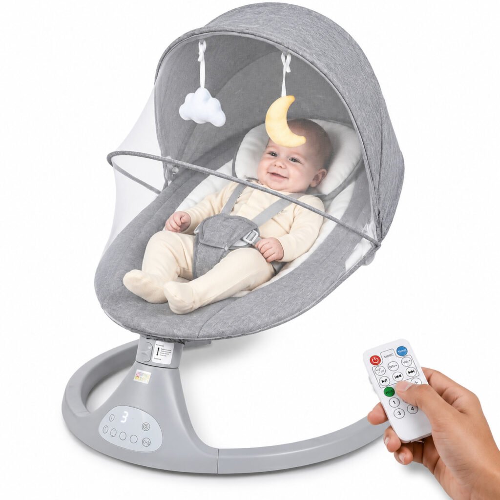 Cadeira de descanso e balanço para bebê Bliss Baby Style com música, mosquiteiro e controle remoto.