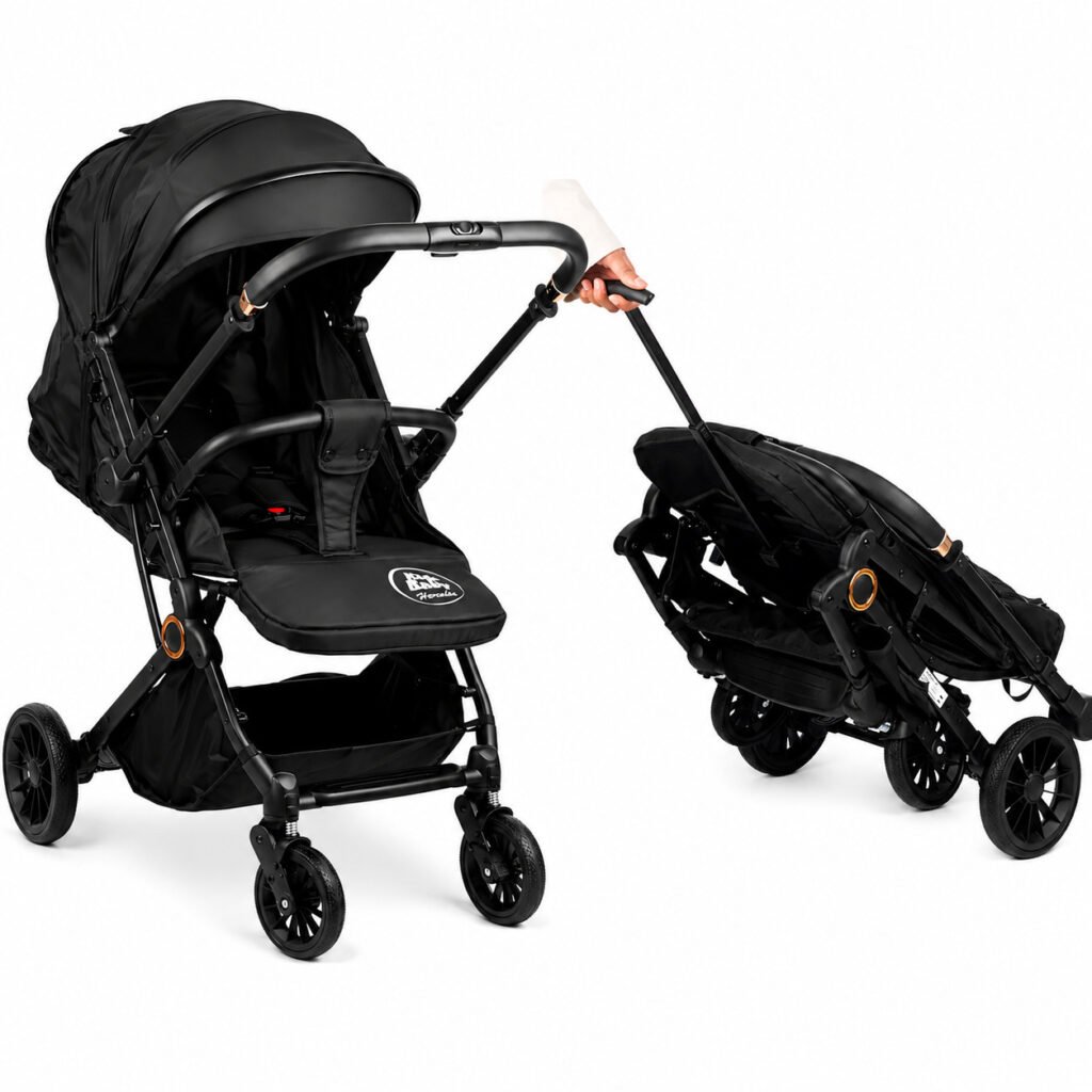 Carrinho de bebê compacto reversível preto com fechamento dobrável