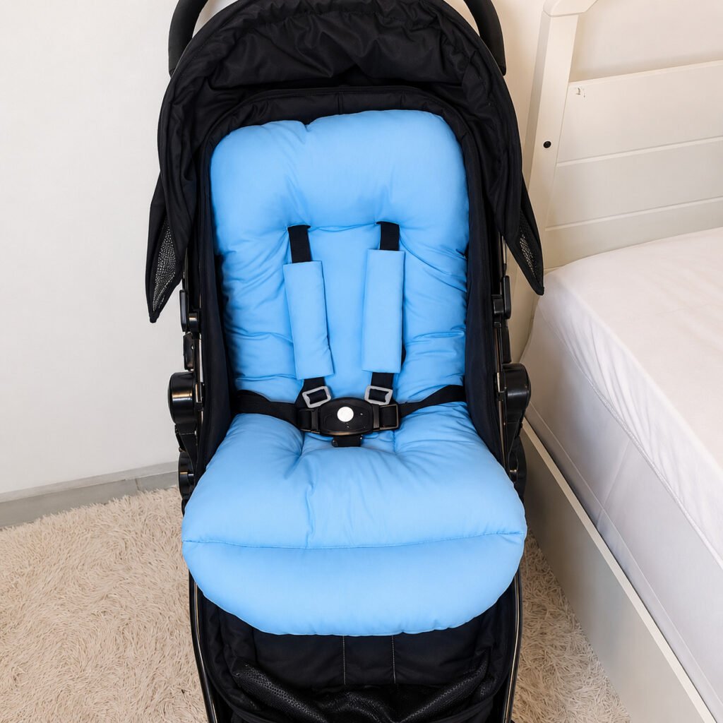 Colchonete redutor dupla face para carrinho de bebê em algodão estampado.