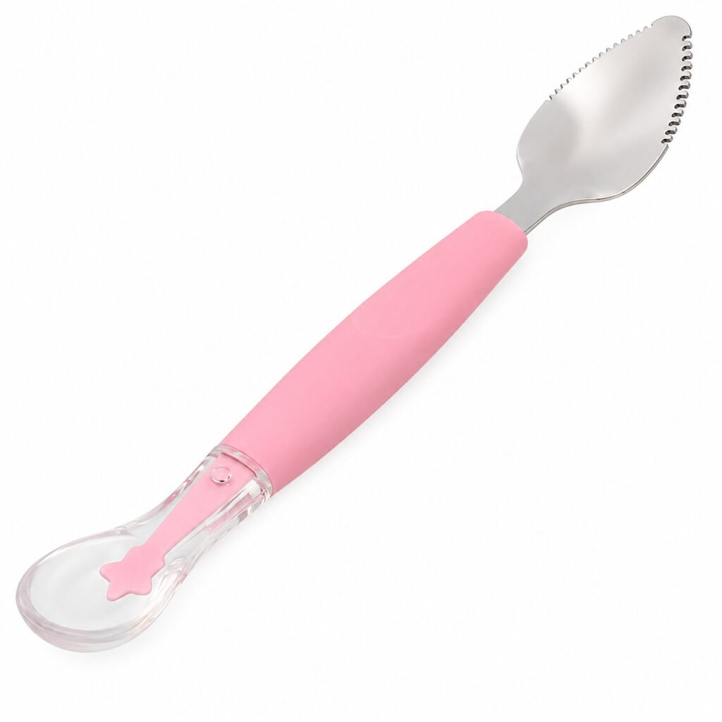 Colher Raspa Fruta Bebê Buba 2 em 1 para introdução alimentar.
