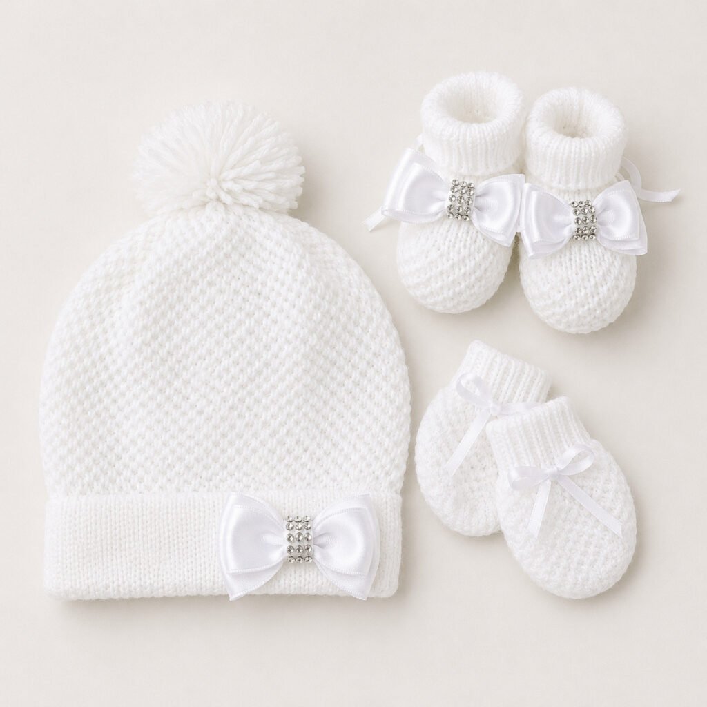 Conjunto para bebê 0 a 3 meses em tricô de linha com touca pompom, luvas e sapatinhos.