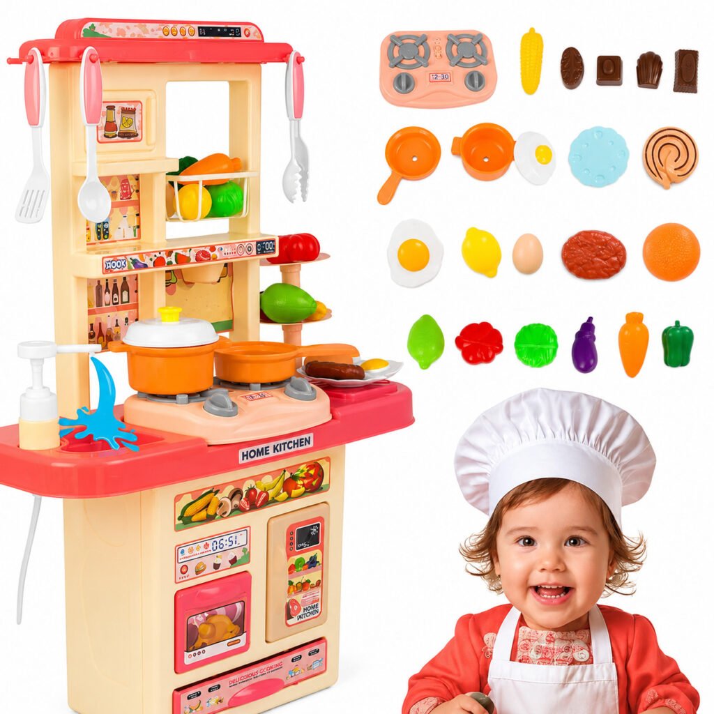 Cozinha infantil rosa completa com panelinhas e acessórios educativos.